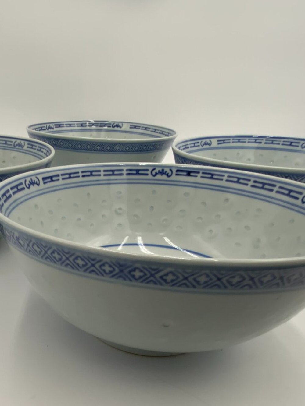 Vintage Chinese Blue & White Porcelain Rice Pattern Bowls Dragon, 8" SET of 4 - Picture 6 of 6